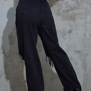 Washed black open knee ripped turnup boyf jeans